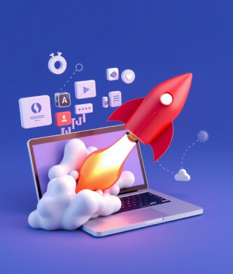 Laptop launching rocket symbolizing digital project success
