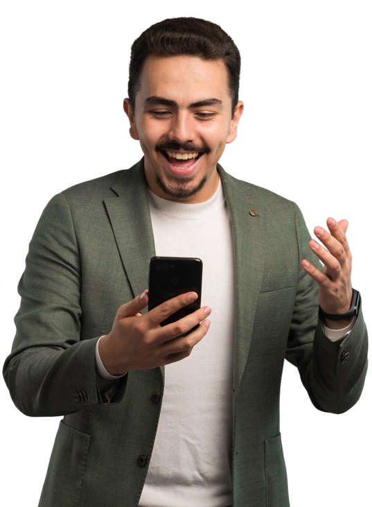 Smiling man holding phone representing customer success and digital engagement
